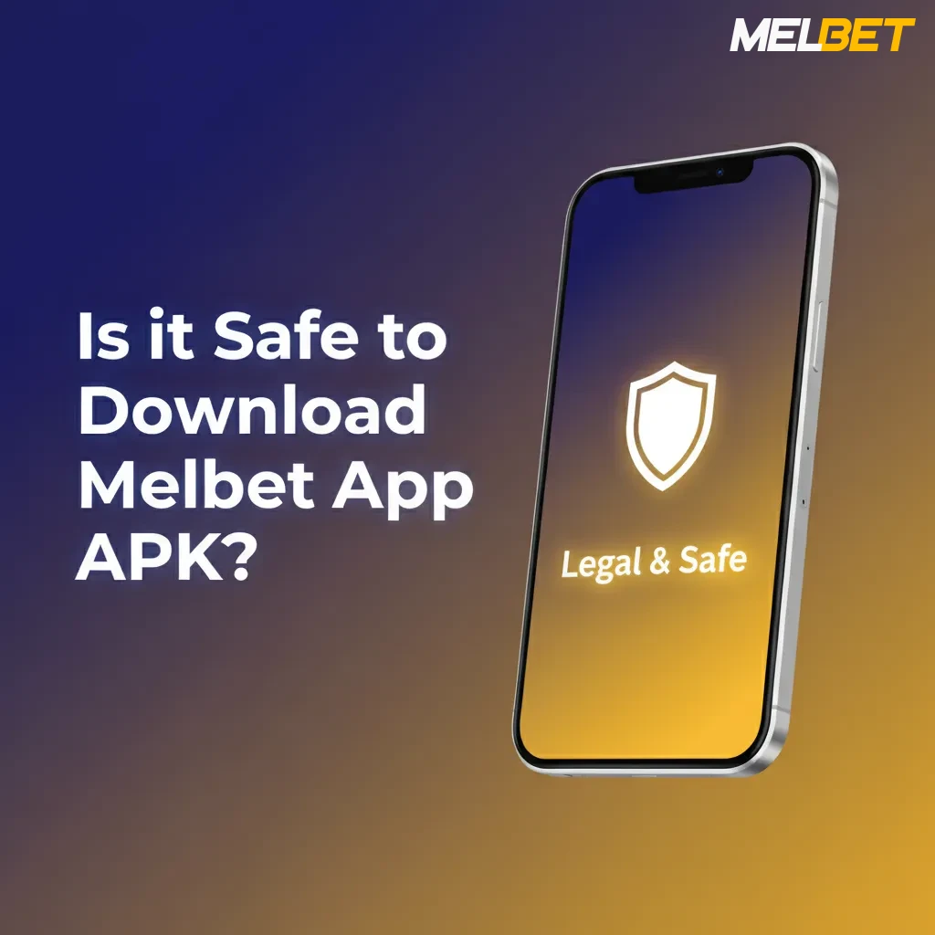 Melbet app on phone with shield, padlock, and 2FA icons, signaling licensed, encrypted, secure betting; update reminder.