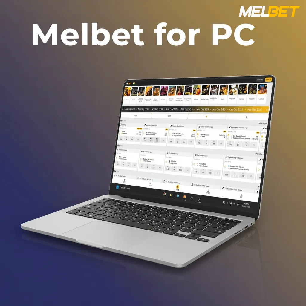 Melbet website on a PC browser with Windows/macOS icons; no app; login, pin tab/shortcut, notifications, full‑screen play.