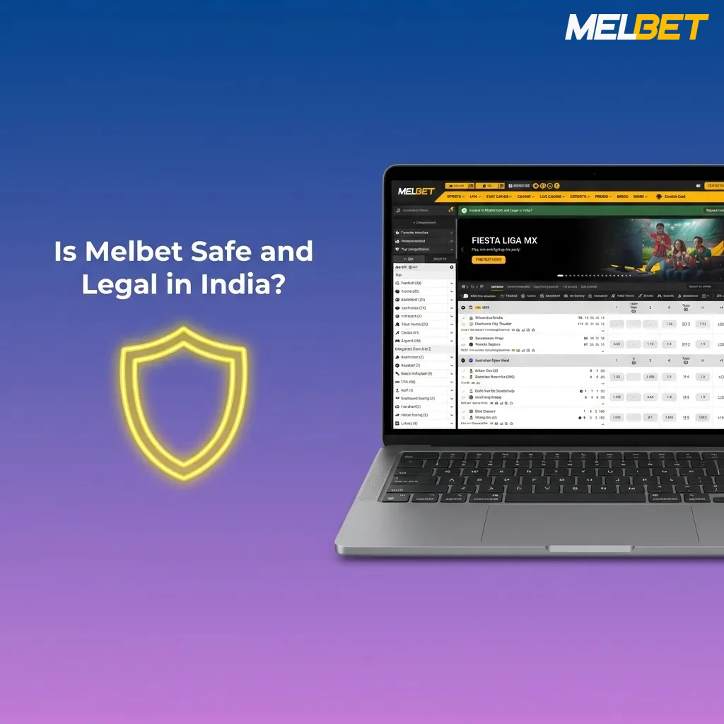 Graphic asking “Is Melbet Safe and Legal in India?” with text on licensing, SSL security, and varying state betting laws