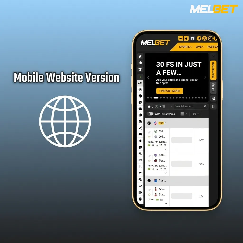 Smartphone showing Melbet mobile website with compact view, bottom betslip, and icon menus for one‑hand betting