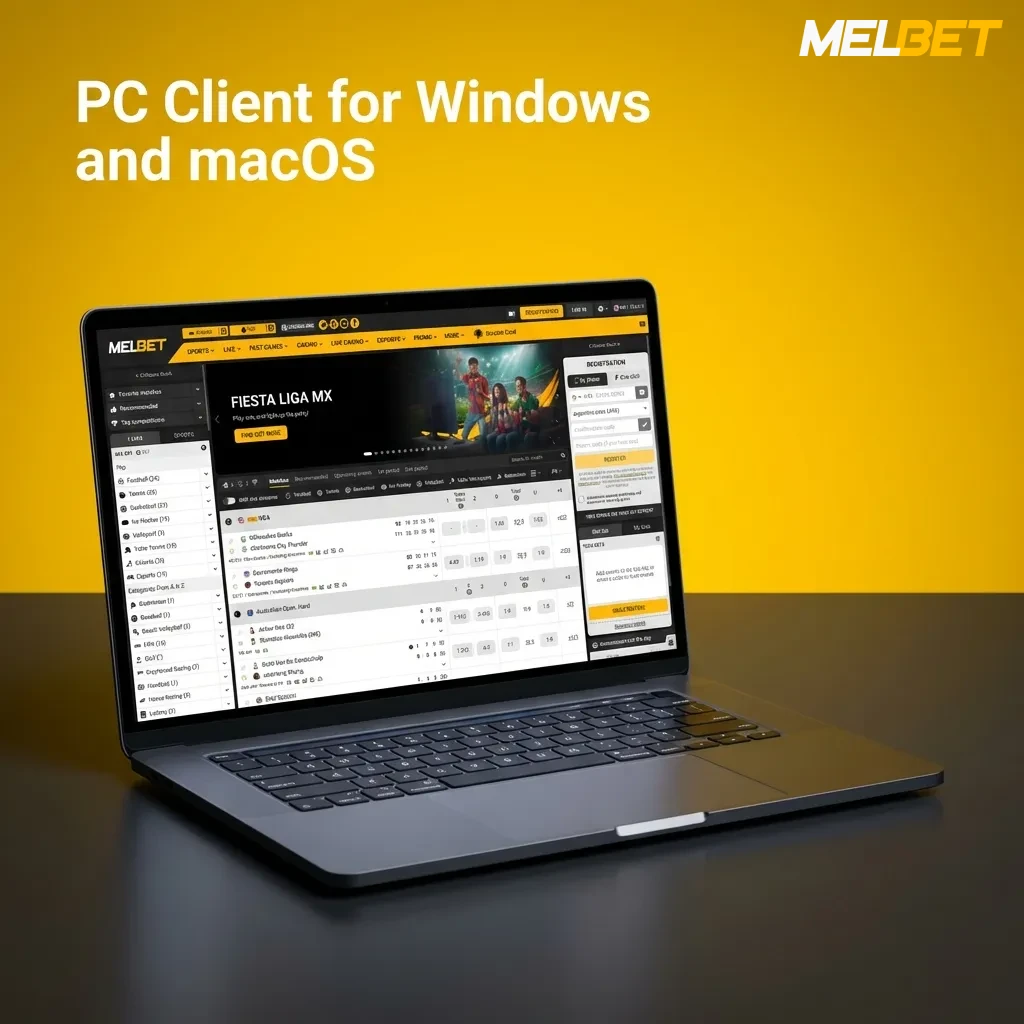 Illustration showing Melbet used in desktop browsers on Windows and macOS instead of a dedicated PC client