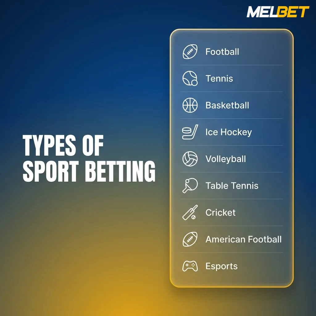 Illustration of Melbet India sports betting options: cricket, football, kabaddi, tennis, and basketball markets